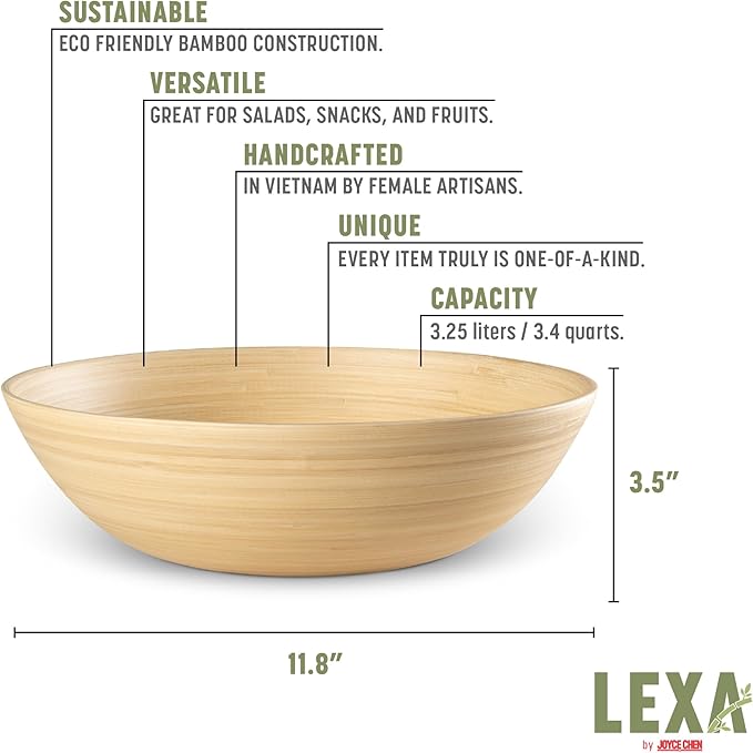 LEXA 12" Handmade Bamboo Salad Bowl – 130 oz Large Wooden Fruit Bowl for Kitchen Counter, Natural Bamboo