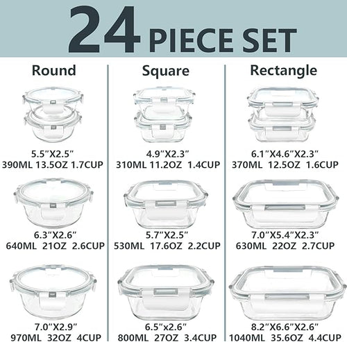 12 Pack Glass Lunch Meal Prep Containers with Lids Airtight Leakproof, Stackable for Microwave, Oven, Freezer and Dishwasher Safe (White)