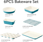CAROTE 6-Piece Nonstick Ceramic Baking Pans Set - Bakeware Sets Including Cookie Sheets for Baking, Muffin Pan, Bread Pan, Cake pan, Loaf Pan, Cooling Rack, Light Blue & Cream White