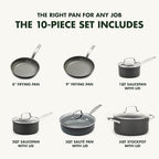 GreenPan Chatham Hard Anodized Healthy Ceramic Nonstick 10 Piece Cookware Pots and Pans Set, Frying Pan Skillets, Saucepans, Saute Pan, Stockpot, Lids, PFAS-Free, Dishwasher & Oven Safe, Gray