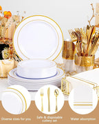 GATHER 350PCS Gold Plastic Plates - White and Gold Disposable Plastic Dinnerware Set Include 50 Dinner Plates, 50 Dessert Plate, 150 Silverware, 50 Napkins, 50 Cups for Party & Wedding