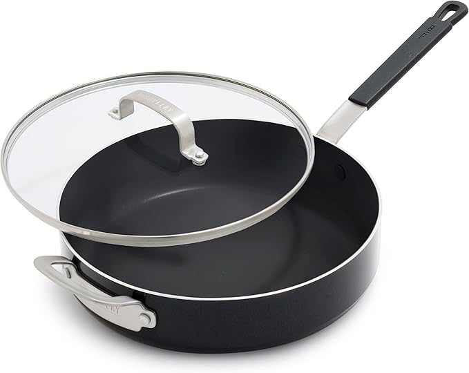 GreenPan x Bobby Flay 4.5QT Nonstick Saute Pan with Glass Lid, PFAS-Free Diamond Ceramic, Induction Suitable, Stay-Cool Silicone Handle, Easy Clean Dishwasher & Oven Safe, Black