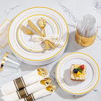 WELLIFE 350Pcs Gold Plastic Plates for 50 Guests - Plastic Dinnerware Set, Includes 100 Party Plates,150 Gold Silverware Disposable,50 Napkins,50 Cups,Disposable Plates for Party and Wedding