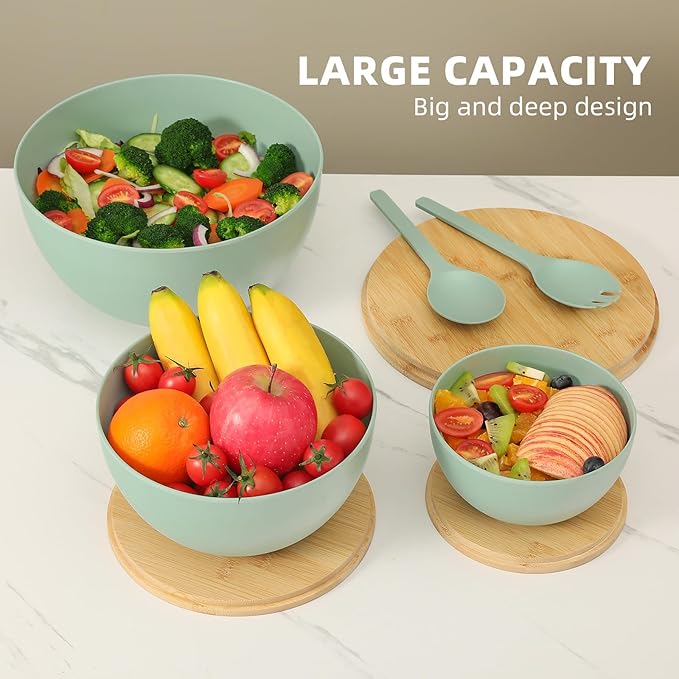 ECOWAY Salad Bowls Set of 3 with Lid & Serving Utensils, Bamboo Fiber Mixing Bowls Set Large Serving Bowls & Storage Set with Bamboo Lid for Salad, Kitchen Eating, Pasta, Popcorn, Chips, Fruit, Cyan