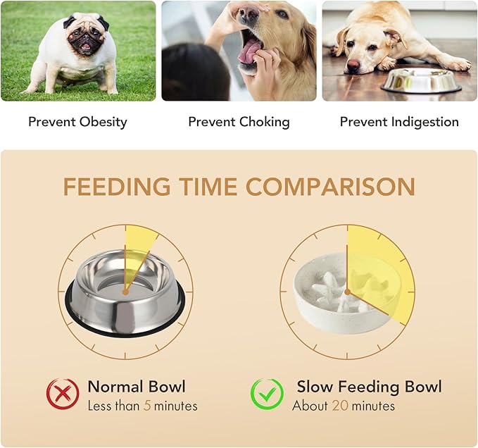 Havniva Ceramic 1.2 Cup Dog Bowl Slow Feeder, 7.3 inch Slow Pet Food Dish for Medium and Small Dog, Stop Bloat, Preventing Choking(Single Bowl, Vanilla White)