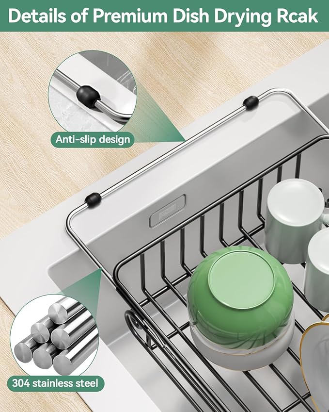 Expandable Dish Drying Rack for in-Sink, Over-Sink, and Counter Use, Dish Drainer with Removable Cutlery Holder, Space Saving & No Assembly Needed 10.5" W x 15" L