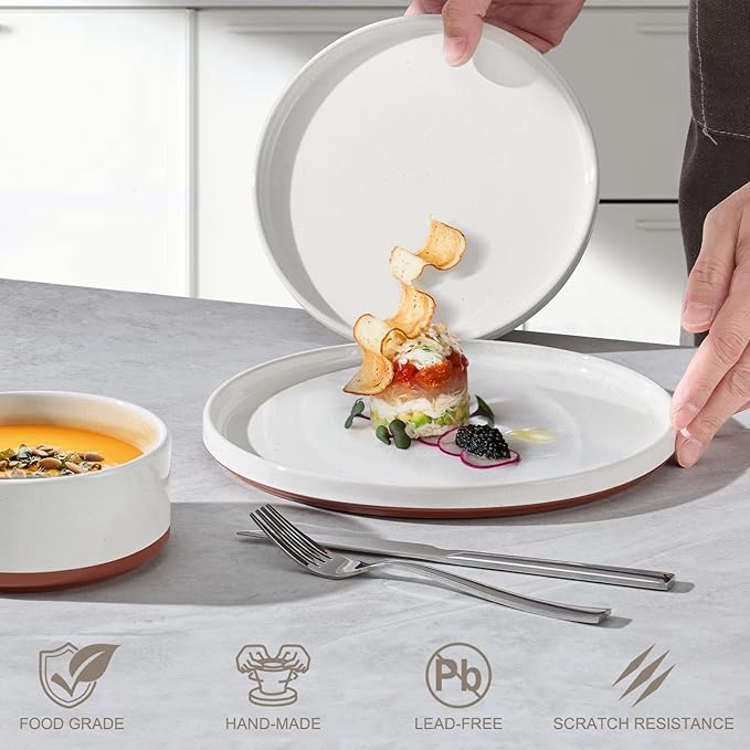 LIANYU Stoneware Dinnerware Sets Service for 6, 18 PCS Plates and Bowls Sets, Handmade Ceramic Dish Set, Highly Chip and Crack Resistant Modern Plate Set, Cloud White