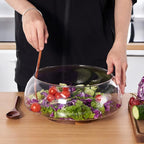 LiTY Large Glass Salad Bowl Set with Acacia Wood Base and Salad Serving Utensils, Salad Servers for Party, Fruits, Popcorn, Chips, Pasta, Kitchen Must-Have