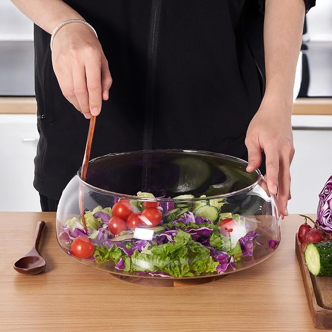 LiTY Large Glass Salad Bowl Set with Acacia Wood Base and Salad Serving Utensils, Salad Servers for Party, Fruits, Popcorn, Chips, Pasta, Kitchen Must-Have
