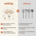 Silicone Kitchen Utensils Set & Holder: Cooking Utensils Set - Kitchen Essentials for New Home & 1st Apartment- Silicone Spatula Set, Cooking Spoons for Nonstick Cookware (Acacia Wood, Cream White)