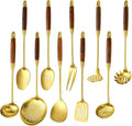 18/10 Stainless Steel Kitchen Utensils Set with Wood Handle Metal Cooking Utensils Set 10 Piece - Spatula, Spoon, Ladle, Skimmer, Slotted Turners, Pasta,Turner, Ladl, Fork