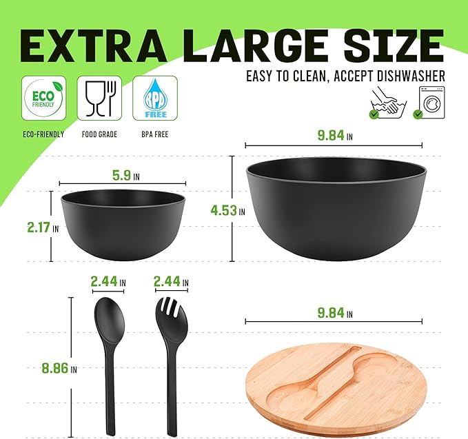 ECOWAY Bamboo Fiber Salad Bowl Set,Large Mixing Bowl with Natural Bamboo Lid and Utensils,4 Serving Bowls,Spoon,Fork and Fabric Bag for Salad,Soup,Vegetables,Pasta and Fruits(Black,9.8inches)