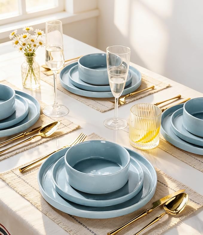 AmorArc Ceramic Dinnerware Set for 4 | Speckled Stoneware Plates and Bowls with unglazed terracotta | Scratch Resistant, Dishwasher & Microwave Safe Dishes Sets- 12-Pcs Blue