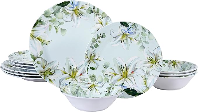 12-Piece Melamine Dinnerware Set - Shatterproof Plates and Bowls Sets for Everyday Dining,Elegant Lily Pattern Dish Set, Outdoor Picnics and RV Camping Green & White