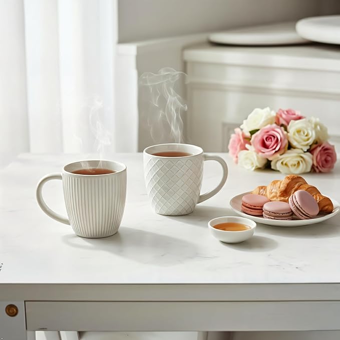 14 oz Embossed Ceramic Coffee Mugs - Set of 4, Artisan Textured Large Coffee Cups for Home & Office,Lead-Free Microwave & Dishwasher Safe,Coffee Cups for Wedding Housewarming Coffee Lovers