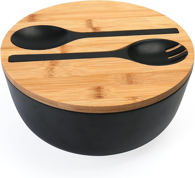 ShineMe Black Salad Bowl Set, 9.8inches Large Bamboo Fiber Salad Bowl With Lid and Utensils(Spoon & Fork), Solid Mixing Bowl For Serving Pasta, Fruits, Vegetables, Bread and Halloween Candy