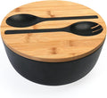 ShineMe Black Salad Bowl Set, 9.8inches Large Bamboo Fiber Salad Bowl With Lid and Utensils(Spoon & Fork), Solid Mixing Bowl For Serving Pasta, Fruits, Vegetables, Bread and Halloween Candy