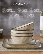 Famiware Dinnerware Sets for 6, Ocean Square 18-Piece Kitchen Plates and Bowls Sets, Microwave and Dishwasher Safe, Scratch Resistant, Light khaki