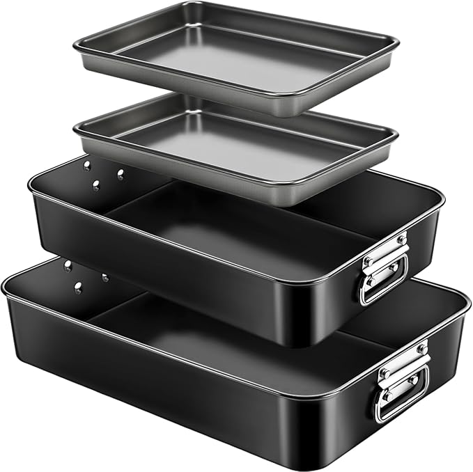 4 Pcs Deep Lasagna Baking Pan for Oven, 16/13.8/10 Inch Baking Dishes for Oven, Roasting Pans with Stainless Steel Handles, Heavy Duty Bakeware for Cake and Brownie