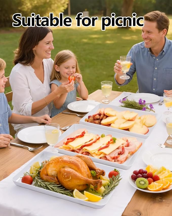 YOUBET 4 PCS Plastic Serving Trays - White Trays for Serving Food - Super Strong Disposable Platters, Heavy Duty Plastic Trays for BBQ, Picnic, Party, Wedding