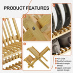 KKTONER Bamboo Dish Drying Rack 2 Tier Foldable Plate Organizer Collapsible Plate Organizer Holder for Kitchen Countertop (Natural)