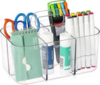 Multiuse Caddy Organizer with Handle, Portable Divided Plastic Tote Bin - Art Craft, Stationary Pen Marker Crayons, Makeup Hair Supplies Storage - Bathroom, Classroom, Dorm, Office, Desk Holder -Clear