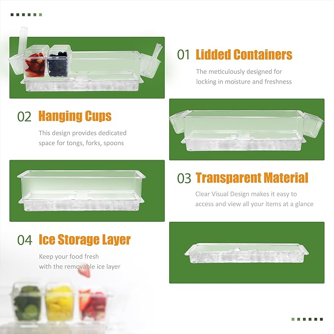 IVYHOME Chilled Condiment Server, Taco Bar Serving Set, Versatile Ice Containers, with 5 Lidded Containers and Detachable Ice Storage Layer, 2 Hanging Cups for Storing Tong and Forks