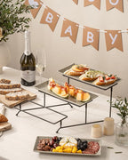 LAUCHUH 3 Tier Serving Tray, Porcelain Serving Platters and Trays for Party 12 Inch Tiered Tray Stand Cupcake Stand with Collapsible Sturdier Rack for Mother's Day Serving Food, Speckled Gray