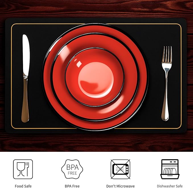 TP 12-Piece Melamine Dinnerware Sets, Plates and Bowls Dishes Set for 4, Break-Resistant & Non-Microwavable, Lightweight Dinner Plates, Glossy Black and Red