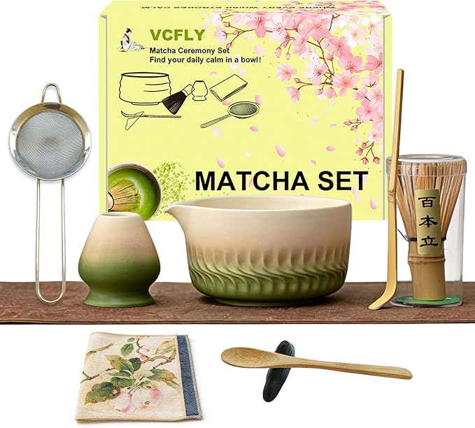 Matcha Whisk Set, 8 Pcs Ceramic Matcha Set Includes Bowl,Matcha Whisk (Chasen) and Holder, Sifter,Scoop and Spoon - Matcha Kit for Matcha Lovers,Gift for Family and Friend