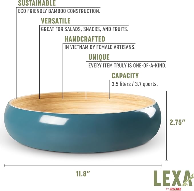 LEXA Bamboo Fruit Bowl for Kitchen Counter, 12 Inch Large & Round, Artisan Lacquered Wooden Fruit Bowl or Candy Bowl, Handcrafted Bamboo Fruit Basket for Kitchen & Home Decor (Navy Blue)