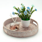 14" Round Rattan Tray, Hand Woven Serving Tray with Handles, Wicker Serving Basket, Decorative Tray for Home Decor, Whitewash