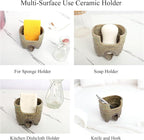 Ceramic Sponge Holder with Drainage, Rustic Farmhouse Sink Caddy Organizer, Self Draining Sponge Dish for Scrubbers, Soap & Brushes, Compact Kitchen Accessory, Keeps Counter Dry (Avocado)