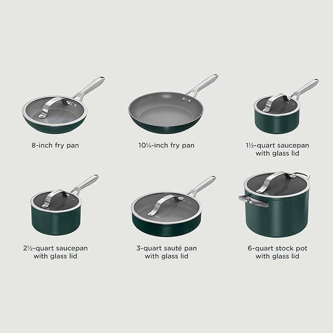 Ninja Ceramic Pro 11Piece Cookware Set, NonStick Pots & Pans Set with Glass Lids, Nontoxic, PTFE Free, Ceramic Coated, Oven Safe, All Stovetops & Induction Compatible, British Racing Green, CW39011GN