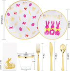 Hioasis 175pcs Easter Plastic Plates, Bunny Plastic Disposable Dinnerware Set Include 25 Dinner Plates, 25 Dessert Plates, 25 Forks, 25 Knives, 25 Spoons, 25 Napkins，25 Cups Perfect for Easter Party