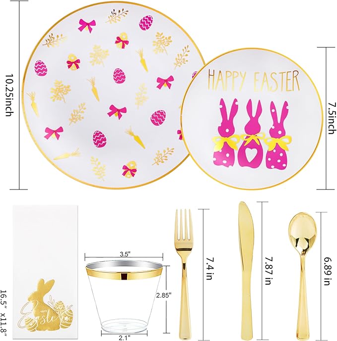 Hioasis 175pcs Easter Plastic Plates, Bunny Plastic Disposable Dinnerware Set Include 25 Dinner Plates, 25 Dessert Plates, 25 Forks, 25 Knives, 25 Spoons, 25 Napkins，25 Cups Perfect for Easter Party