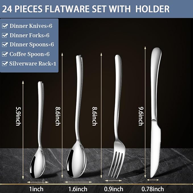24 Pieces Flatware Set, Stainless Steel Cutlery Set with Silverware Holder, Spoons Forks Knives Set,Hanging Silverware Set Service for 6,Dishwasher Safe (Silver)
