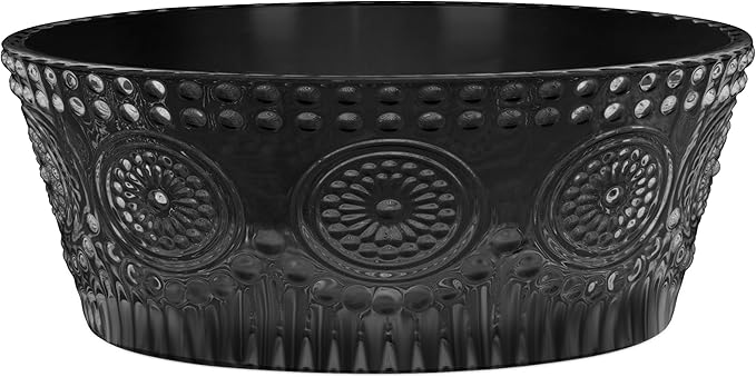 Boston International Vintage-Inspired Glass Serving Bowl with Embossed Floral Pattern for Salad Snacks Dinner, Large 7" x 2.75", Black Codi