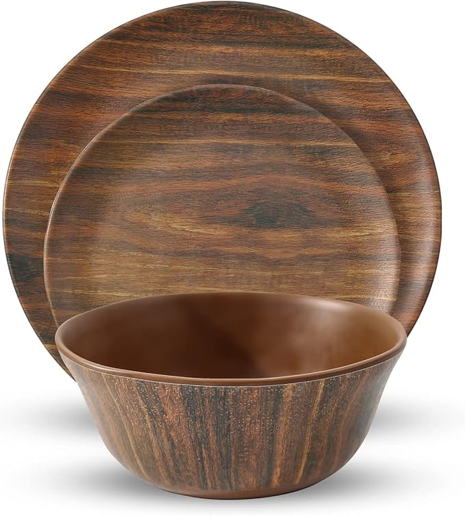 TP 12-Piece Melamine Dinnerware Sets, Plates and Bowls Dishes Set for 4, Break-Resistant & Non-Microwavable, Lightweight Dinner Plates, Wood Grain