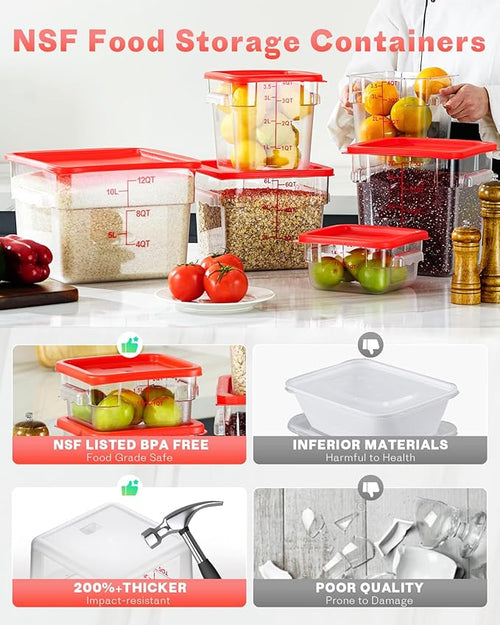 2QT&4QT NSF Food Storage Containers: 8 PCS[Food Grade] [Hot&Cold Resistant] Commercial Clear Square Food Storage Containers with Scales Handles for Home Restaurant Kitchen(BPA FREE)