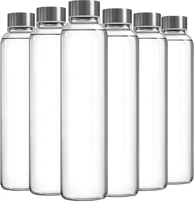 Epica Clear Glass Bottles with Lids, 18oz Resuable Glass Water Bottles for Juicing with Stainless Steel Cap to store Milk, Smoothie, etc., 100% Leak Proof, Durable and Dishwasher Safe (Set of 6)