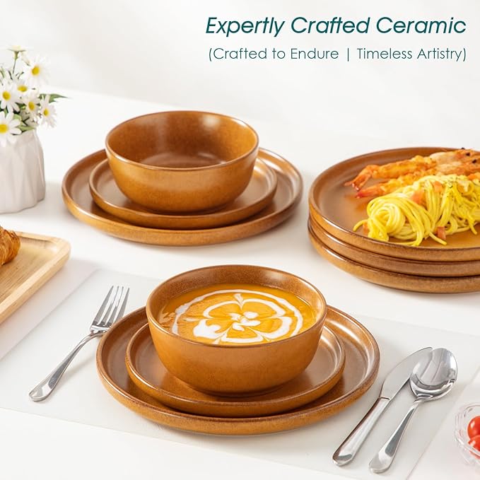 vancasso ZERMATT Dinnerware Sets for 6, 18 Pieces Plates and Bowls Set for Kitchen, Stoneware Dishes Set for 6, Dishwasher & Microwave Safe, Yellow