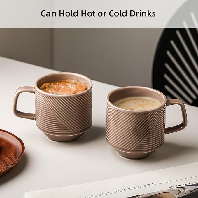 Stackable Coffee Mugs Set: 13 oz Ceramic Stacking Cups for Cappuccino Latte Tea - Microwave Safe Mug for Home & Office - 4 PCS, Grey