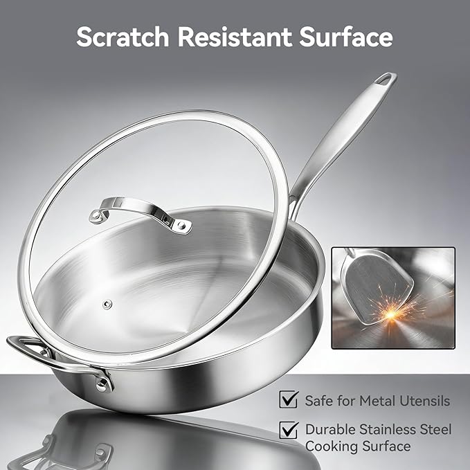 WANGYUANJI 11" Stainless Steel Saute Pan with Lid for 3-4 Servings, 4.7 QT Tri-Ply Deep Frying Pan & Extra Large Skillet, 18/10 (304) Induction Cookware, Oven Safe