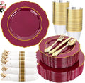 Liacere 350PCS Red Plastic Plates-Disposable Burgundy Red and Gold Plates 50guest Baroque Plastic Dinnerware include 100Plates, 50Pack Pre Rolled Napkins with Silverware 50Cups for Wedding&Mothers Day