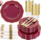 Liacere 350PCS Red Plastic Plates-Disposable Burgundy Red and Gold Plates 50guest Baroque Plastic Dinnerware include 100Plates, 50Pack Pre Rolled Napkins with Silverware 50Cups for Wedding&Mothers Day