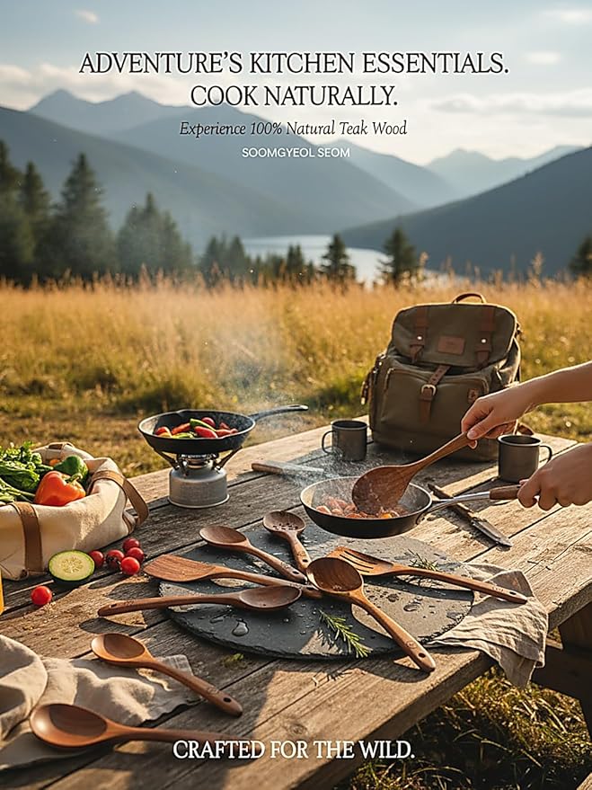 8-Piece Natural Teak Wood Utensil Set - Essential Nonstick Cooking Spoons & Spatulas, Eco-Friendly Tools