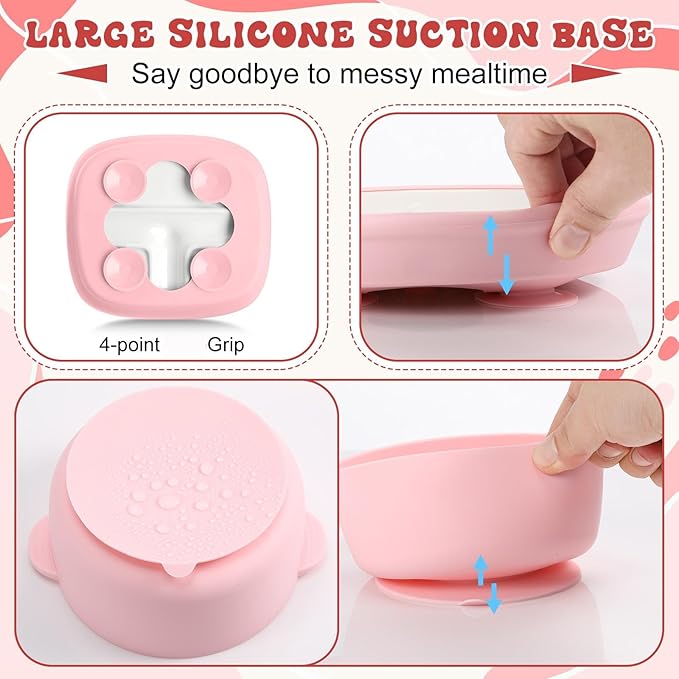 Domensi 4 Pcs Square Porcelain Kid Plate and Bowl Set with Suction, 2 Ceramic Toddler Divided Plate 2 Baby Anti Slip Silicone Sleeve Bowl for Feeding Supplies Microwave Dishwasher Safe (Pink, Beige)