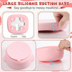 Domensi 4 Pcs Square Porcelain Kid Plate and Bowl Set with Suction, 2 Ceramic Toddler Divided Plate 2 Baby Anti Slip Silicone Sleeve Bowl for Feeding Supplies Microwave Dishwasher Safe (Pink, Beige)