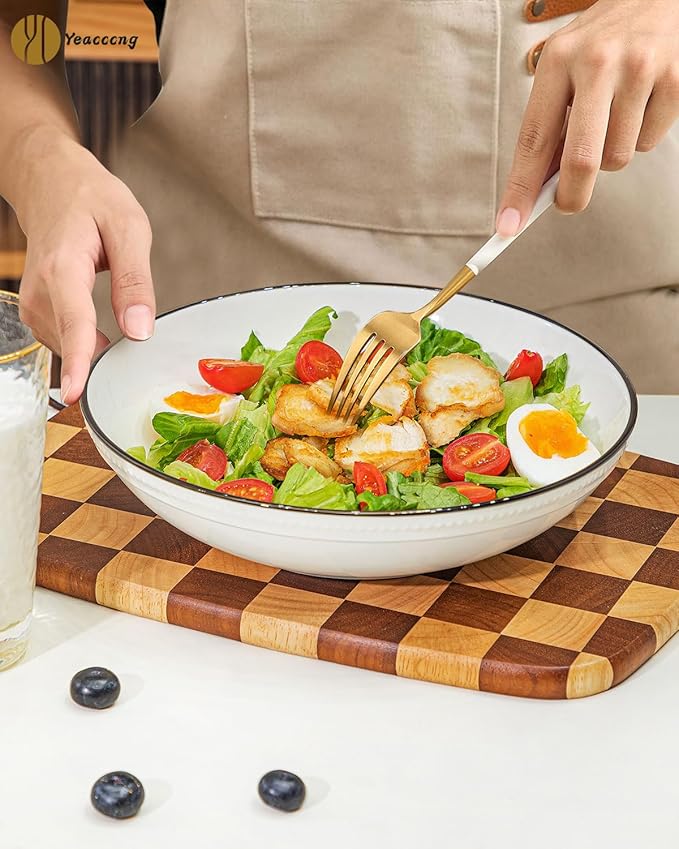 Yeacccng White Pasta Bowls Set of 6, 9.25 Inch 50 Oz Large Ceramic Soup Salad Bowls, Black Rim Minimalist Design, Lead-Free Cadmium-Free, Dishwasher Microwave Oven Safe, Scratch-Resistant